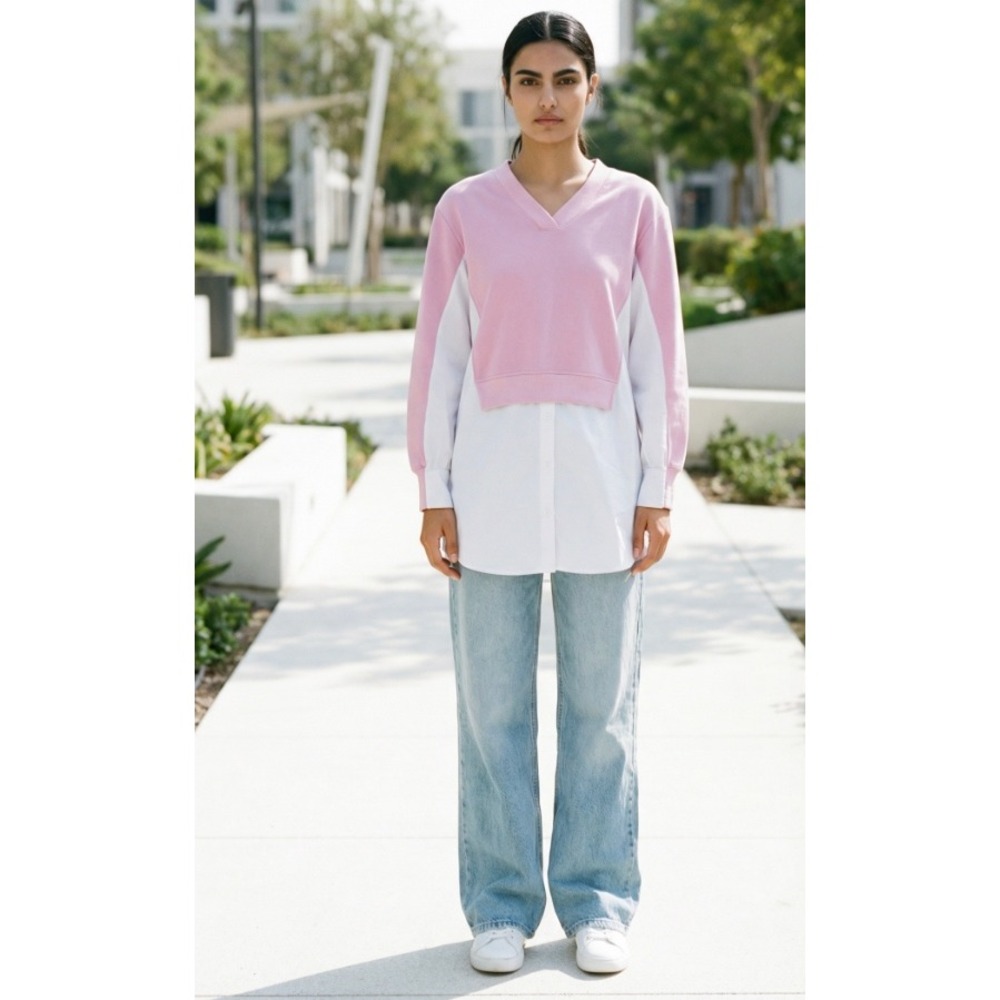 English Factory Pink White Combo Layered Shirt Sweater Long Sleeve Top XS Preppy